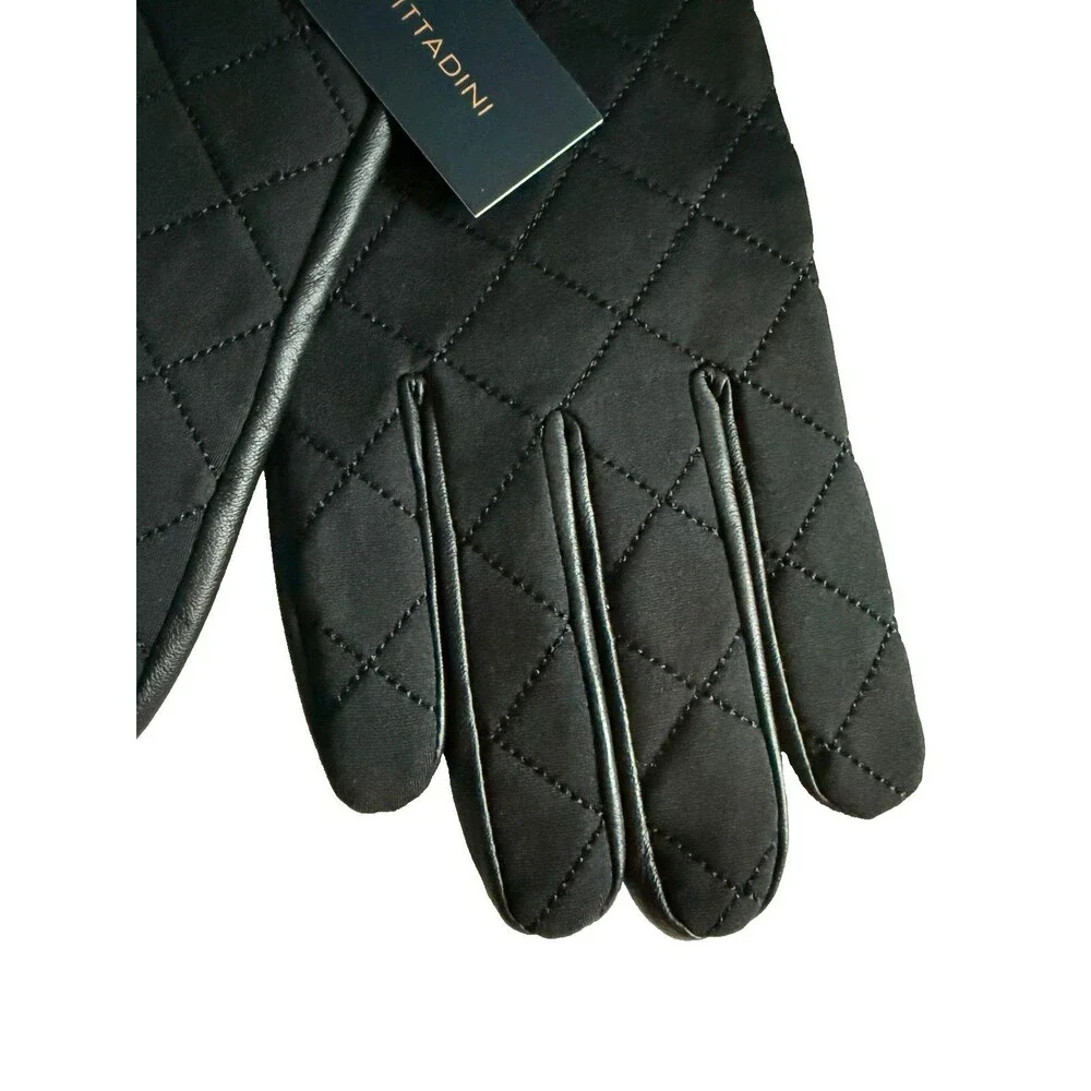 Adrienne Vittadini 100% Cashmere Lined Ladies Gloves Black Quilt Top Leather XL